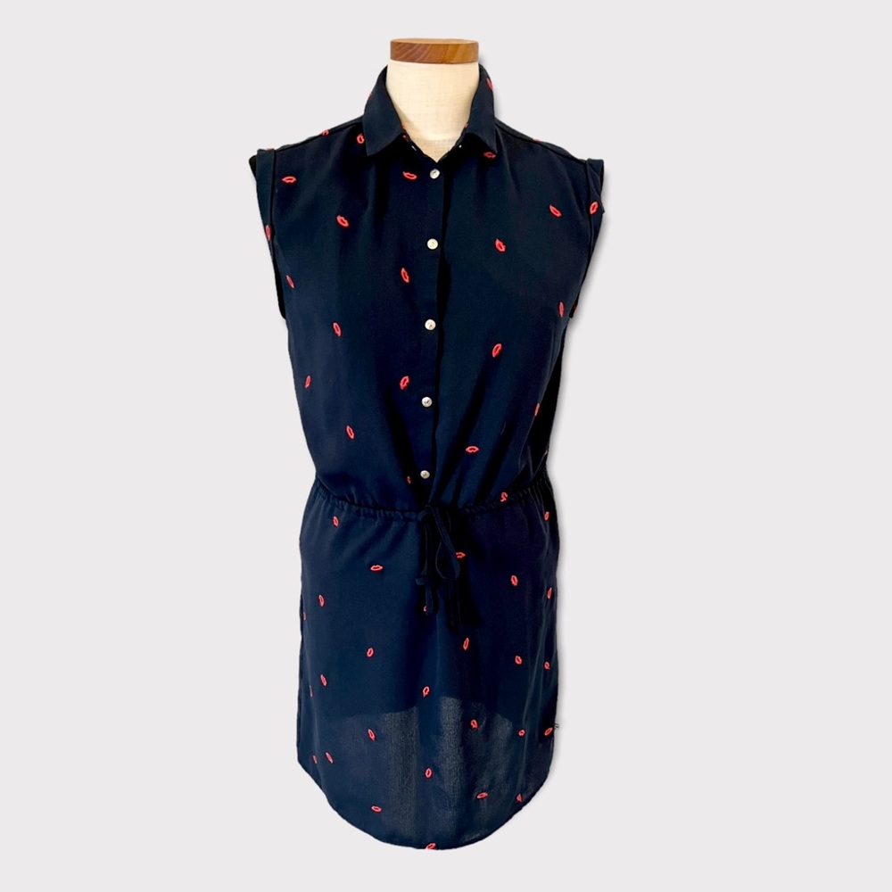 Le Temps des Cerises Navy Blue Red Lips Print Drawstring Waist Dress Sz XS